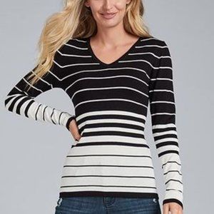 Venus Black and White Striped V-neck Sweater with back bow detail